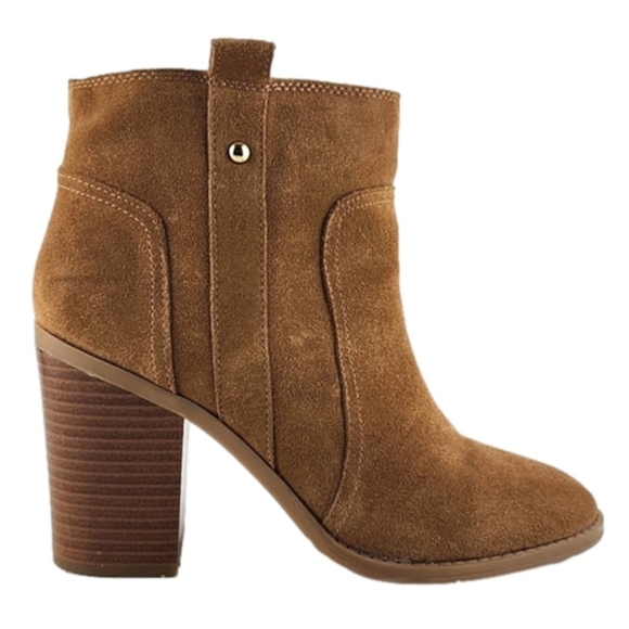 Nine West Hoffleno Tan Suede Pull On Ankle Boots Round  Toe Stacked Heel Sz 8.5M - Picture 1 of 16